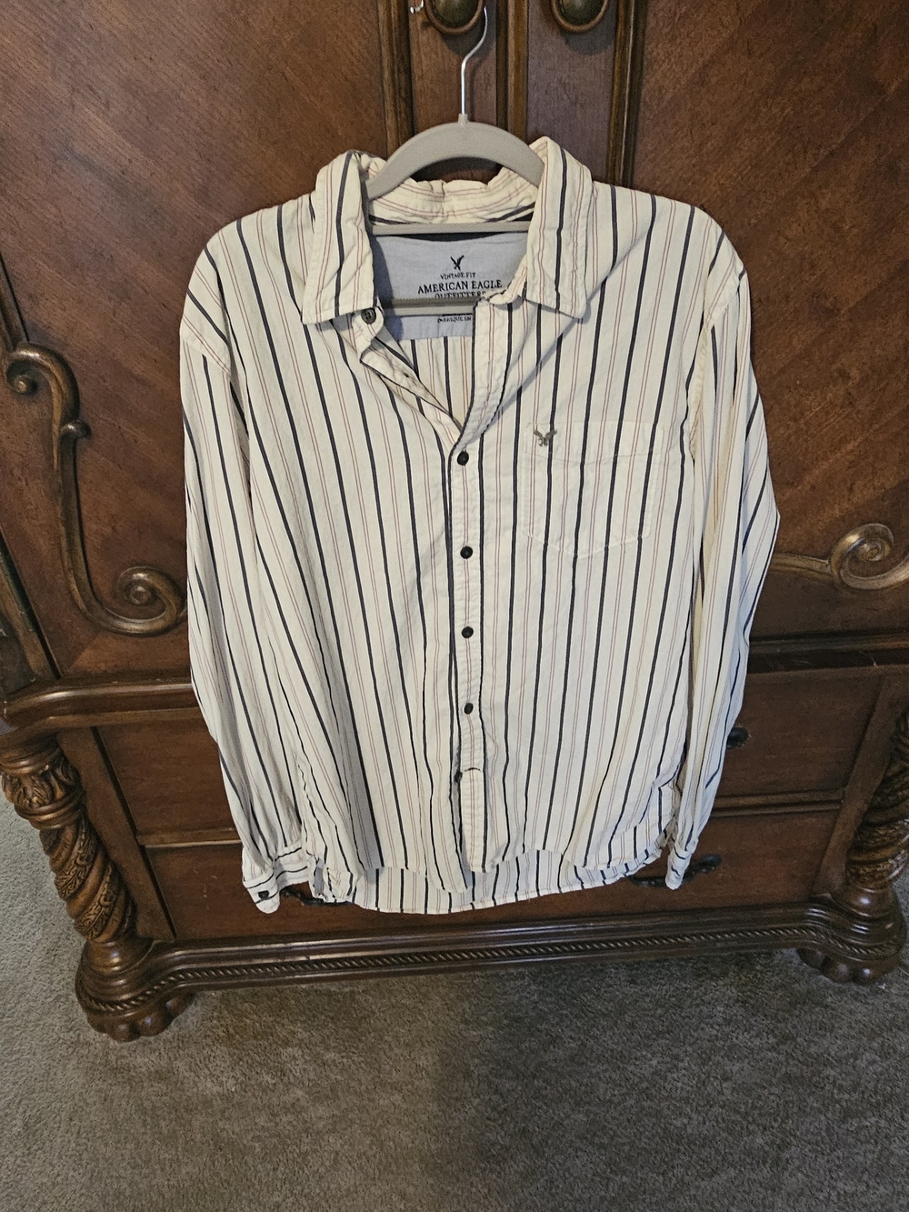 American Eagle Outfitters White Button-Down Shirt with Navy and Black Stripes